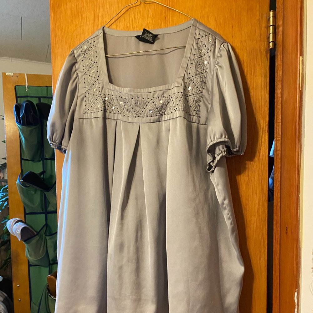 Gray Silk Beaded Top